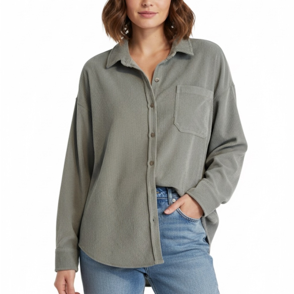Wishlist Apparel Oversized Corduroy Button Down Shacket Top Green S/M Comfy